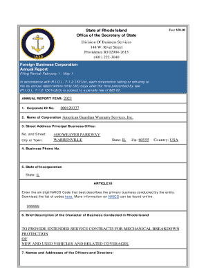 Rhode Island Foreign Business Corporation Annual Report