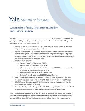 Yale Summer Session Assumption of Risk and Release Form