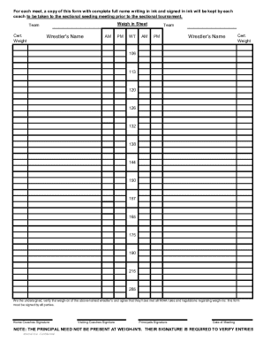 Wrestling Team Weigh In Sheet