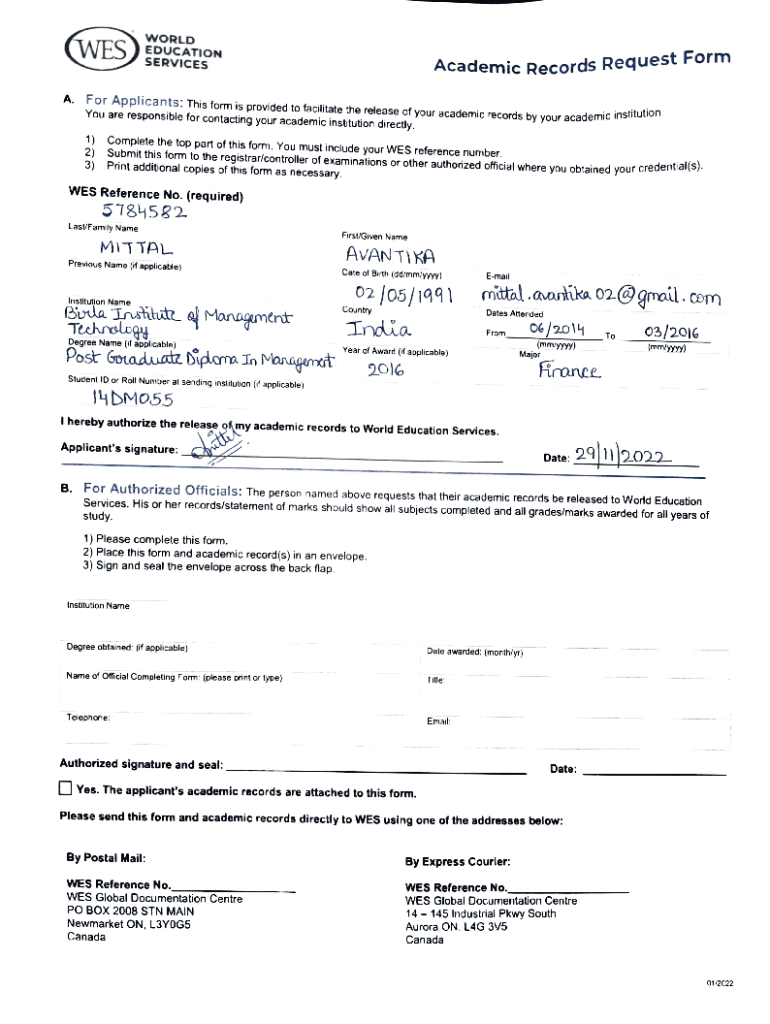 WES Academic Records Request Form - Blank Fillable Template | Fill Out ...
