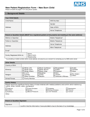 New Patient Registration Form – New Born Child