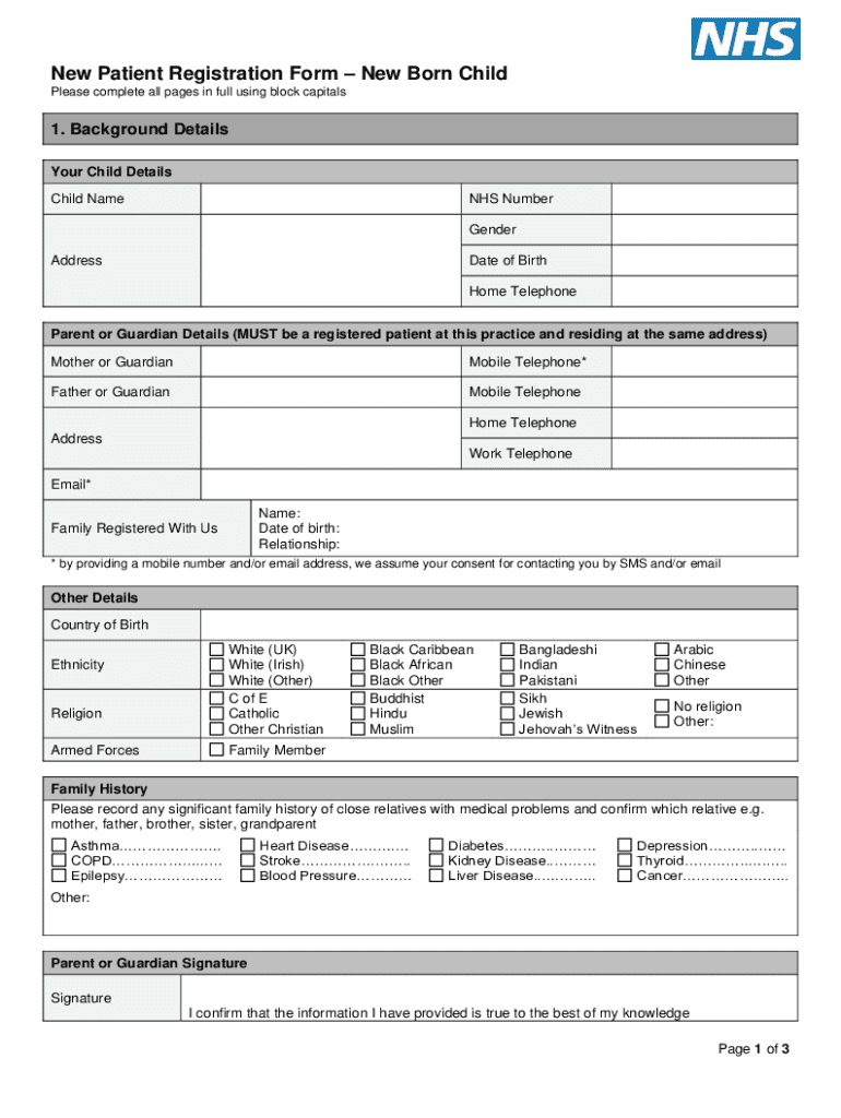 New Patient Registration Form – New Born Child - Blank Fillable ...