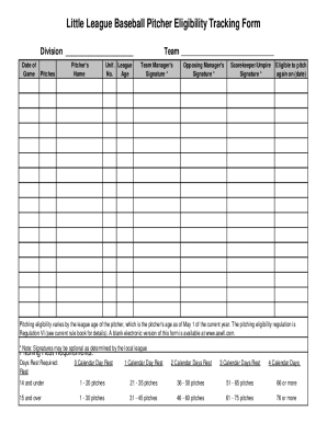 Little League Baseball Pitcher Eligibility Tracking Form