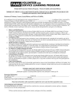Florida A&M University Volunteer Programs Waiver of Liability