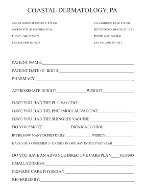 Coastal Dermatology Patient Intake Form