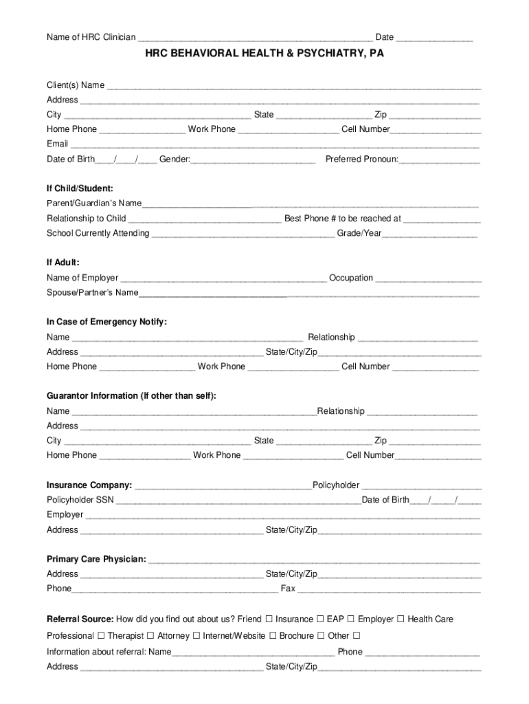 HRC Behavioral Health Intake Form - Blank Fillable Template | Fill Out ...