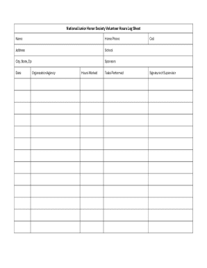National Junior Honor Society Volunteer Hours Log Sheet