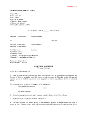 Kansas Garnishee Answer Form