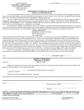 Ohio Garnishment of Personal Earnings Notice