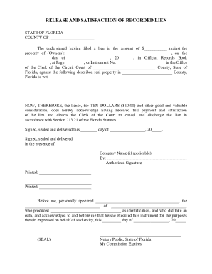 Florida Release and Satisfaction of Recorded Lien