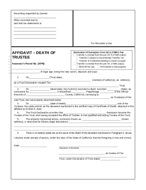 California Affidavit Death of Trustee