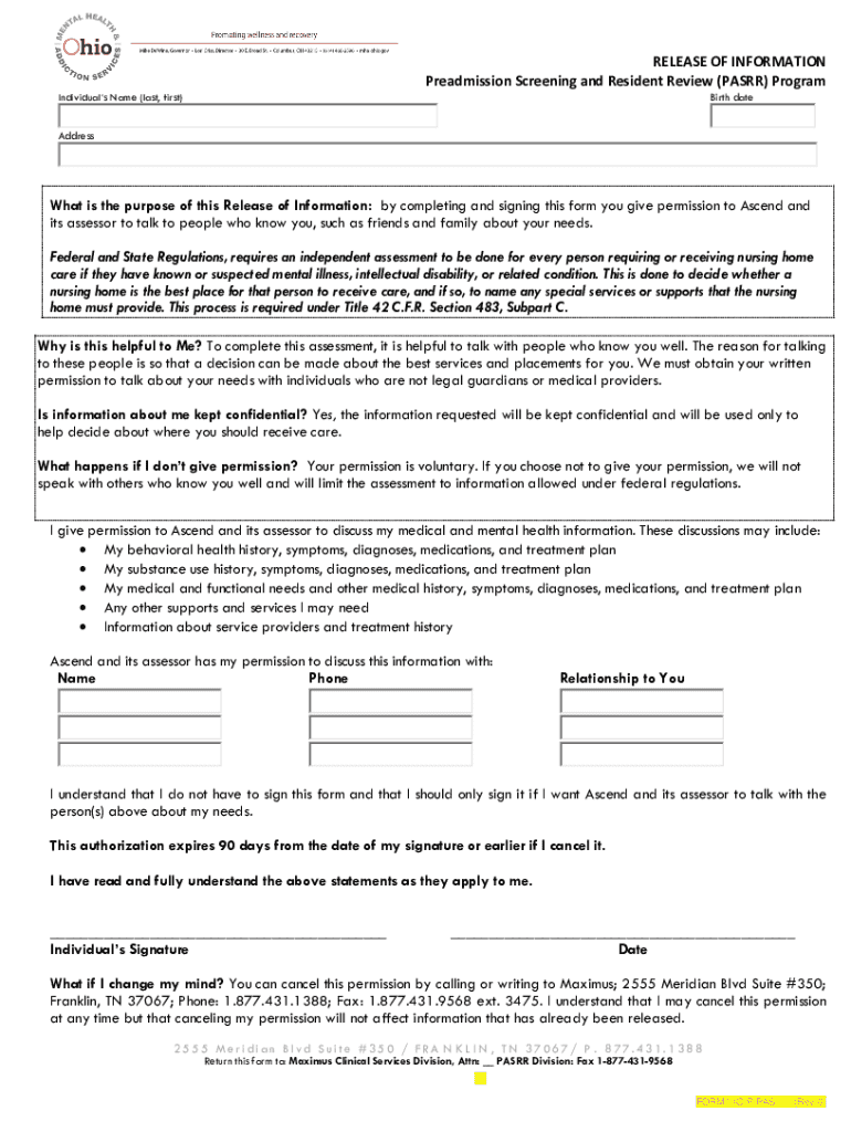 PASRR Release of Information Form - Blank Fillable Template | Fill Out ...