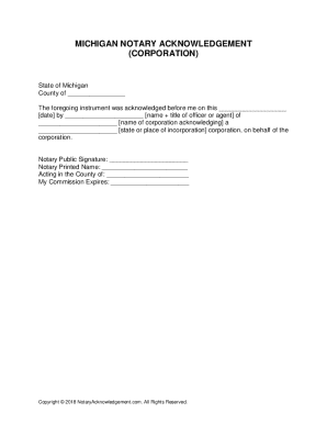 Michigan Notary Acknowledgement (Corporation)