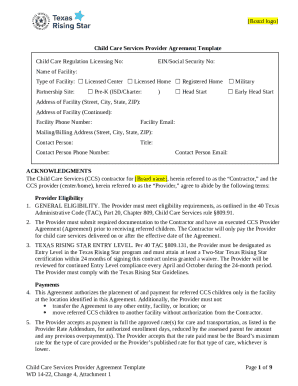 Texas Child Care Services Provider Agreement