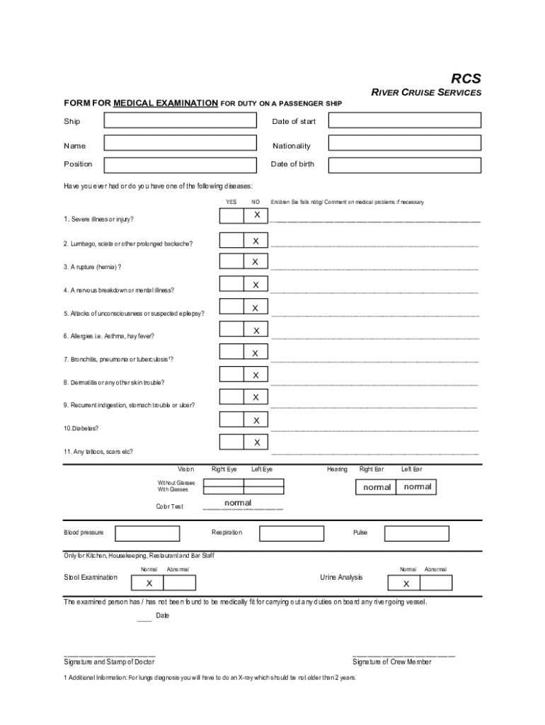 River Cruise Services Medical Examination Form - Blank Fillable ...