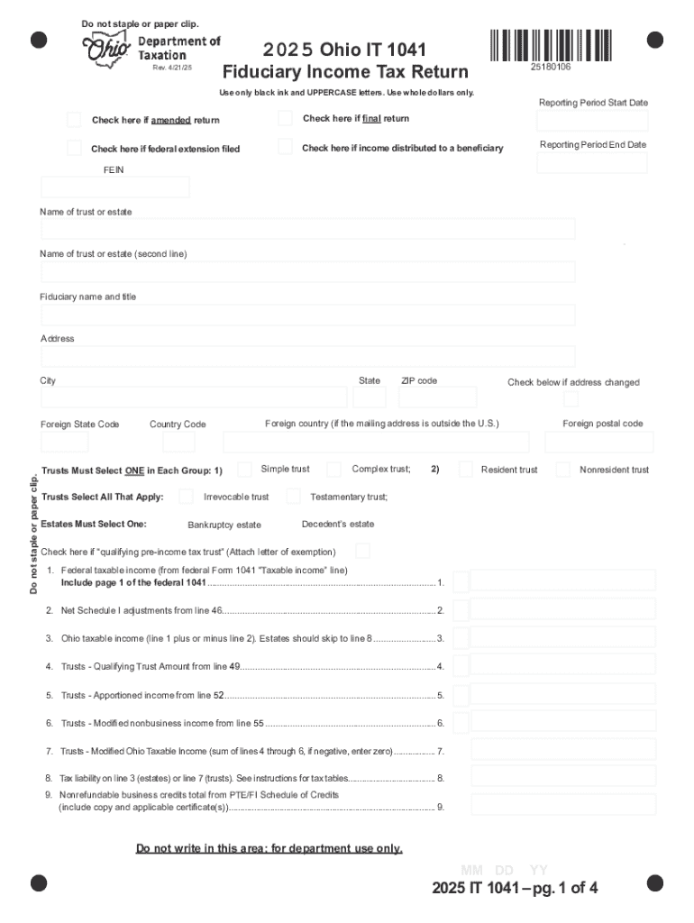 2025 Ohio IT 1041 Fiduciary Income Tax Return Preview on Page 1