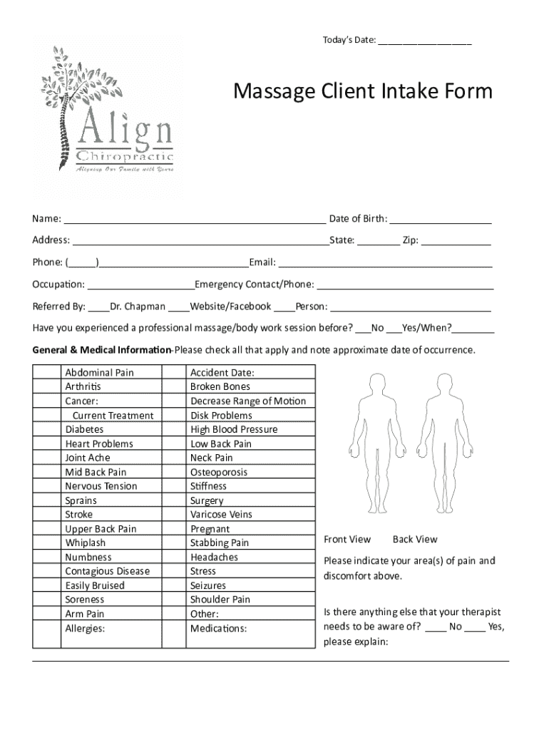 Massage Client Intake Form - Blank Fillable Template | Fill Out, Print ...