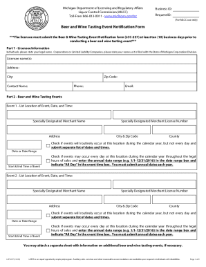 Michigan Beer and Wine Tasting Event Notification Form