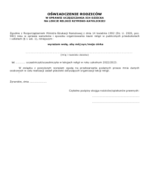 Parental Consent for Catholic Religion Classes