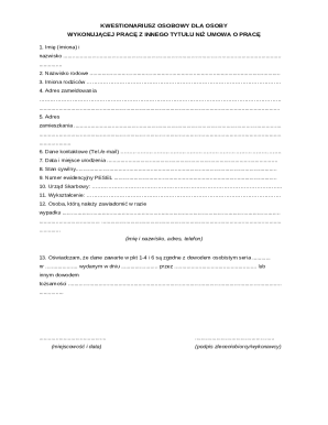 Polish Personal Questionnaire for Non-Employment Contract Work