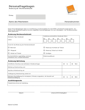 Employee Questionnaire for Weekly Working Hours Change