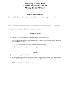 University Missing Receipt Affidavit