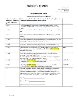 Addendum to Bill of Sale for Vehicle