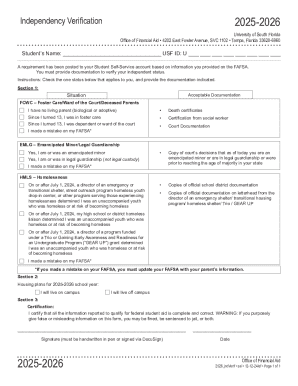USF Independent Verification Form 2025-2026