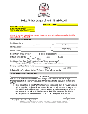 Police Athletic League of North Miami Registration Form