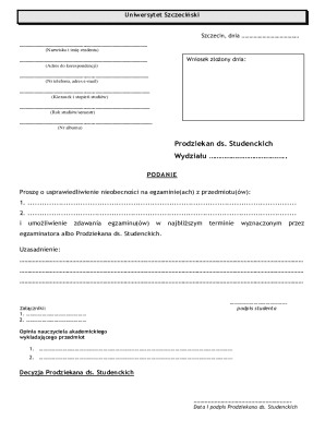University of Szczecin Exam Absence Request Form
