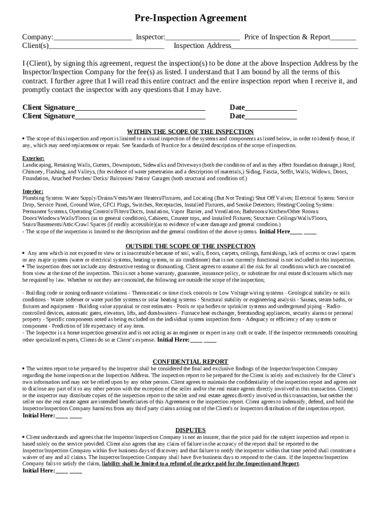 Pre Inspection Agreement.pdf Pre-Inspection Agreement - Fill Out, Sign & Share Online | pdfFiller