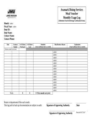 Aramark Meal Voucher Monthly Usage Log