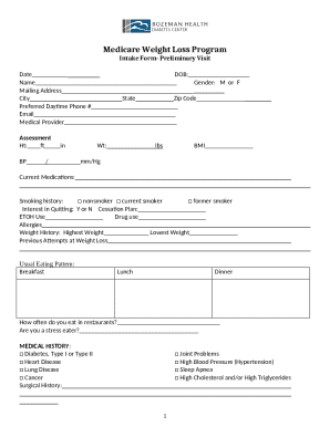 Medicare Weight Loss Program Intake Form