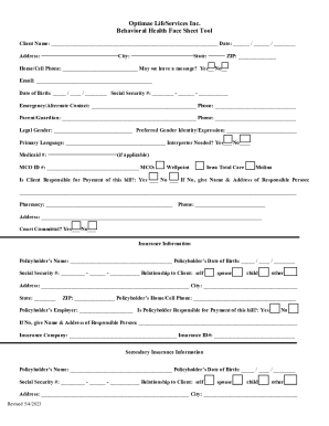 Optimae Behavioral Health Face Sheet Tool