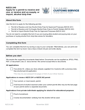 NZCS 240 Alcohol Duty-Free Permit Application