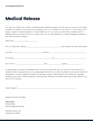 Medical Release for Nutrition Counseling