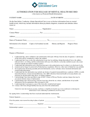 Authorization for Release of Mental Health Record