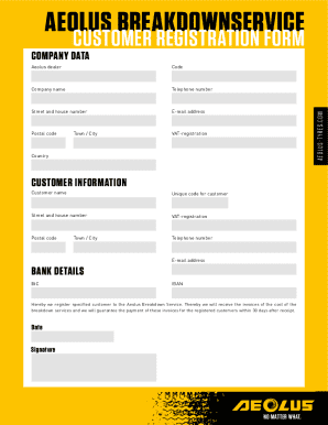 Aeolus Breakdown Service Customer Registration Form