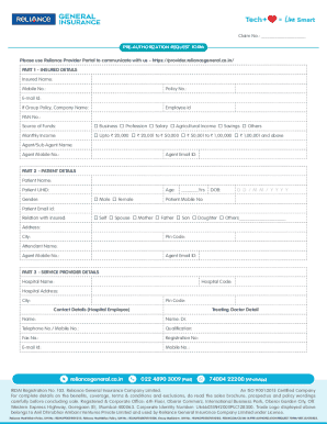 Reliance General Insurance Pre-Authorization Request Form