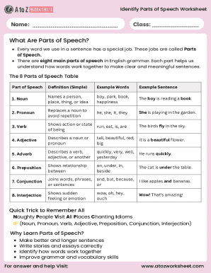 Identify Parts of Speech Worksheet