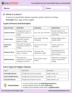 Countable and Uncountable Nouns Worksheet