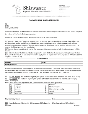 Traumatic Brain Injury Certification Form