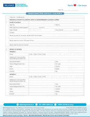 Reliance Inland Travel Care Policy Claim Form