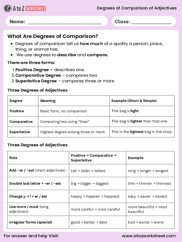 Degrees of Comparison of Adjectives Worksheet - Blank Fillable Template ...