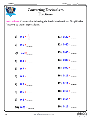 Decimal to Fraction Conversion Worksheet