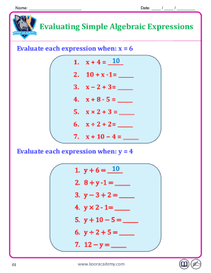 Algebraic Expression Evaluation Worksheet