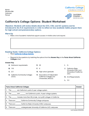 California College Options Student Worksheet