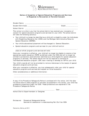 Notice of Cessation of Special Education Programs