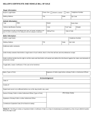 Seller's Certificate and Vehicle Bill of Sale