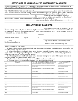 Certificate of Nomination for Independent Candidate